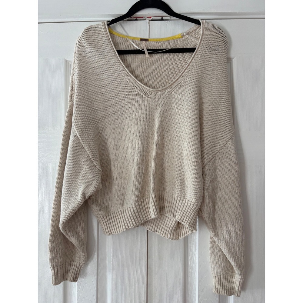 Free People Womens XS Oversized V-Neck Knit Sweater Cream Ivory Slouchy Pullover